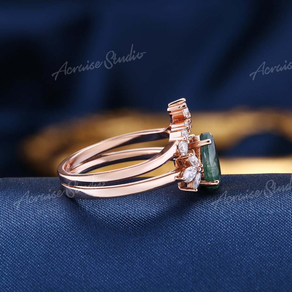 Moss Agate Engagement Ring Set Pear Shaped Moss Agate Ring | Etsy