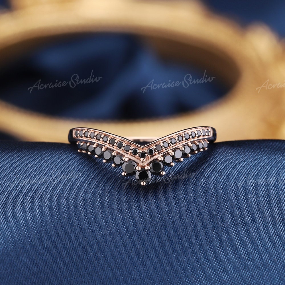 Vintage Black Diamond Wedding Band women rose gold band Antique stacking matching ring unique curved wedding anniversary promise ring