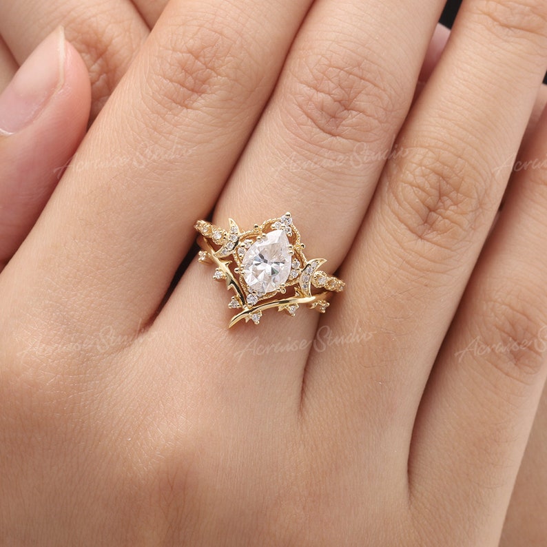 Vintage Moon Design Moissanite Engagement Ring Set Rose Gold Wedding Ring Diamond Curved Wedding Band Promise Rings Anniversary Gift For Her image 8