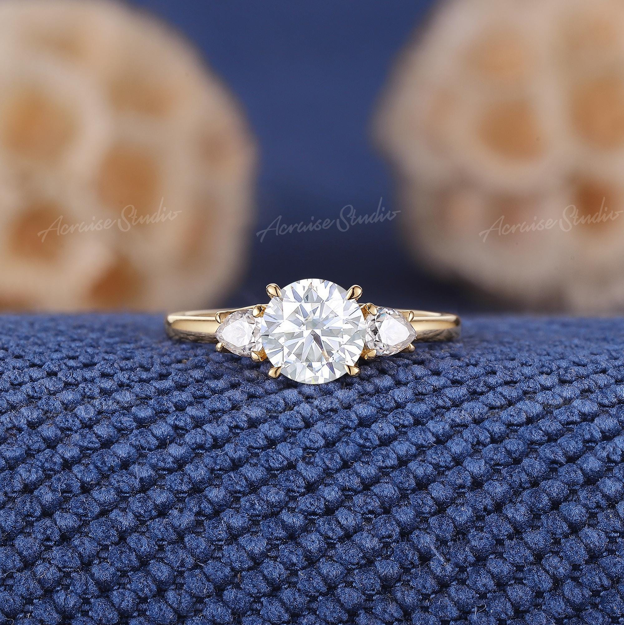 Tulip Set Round Moissanite Engagement Ring Three Stone Lab Grown 