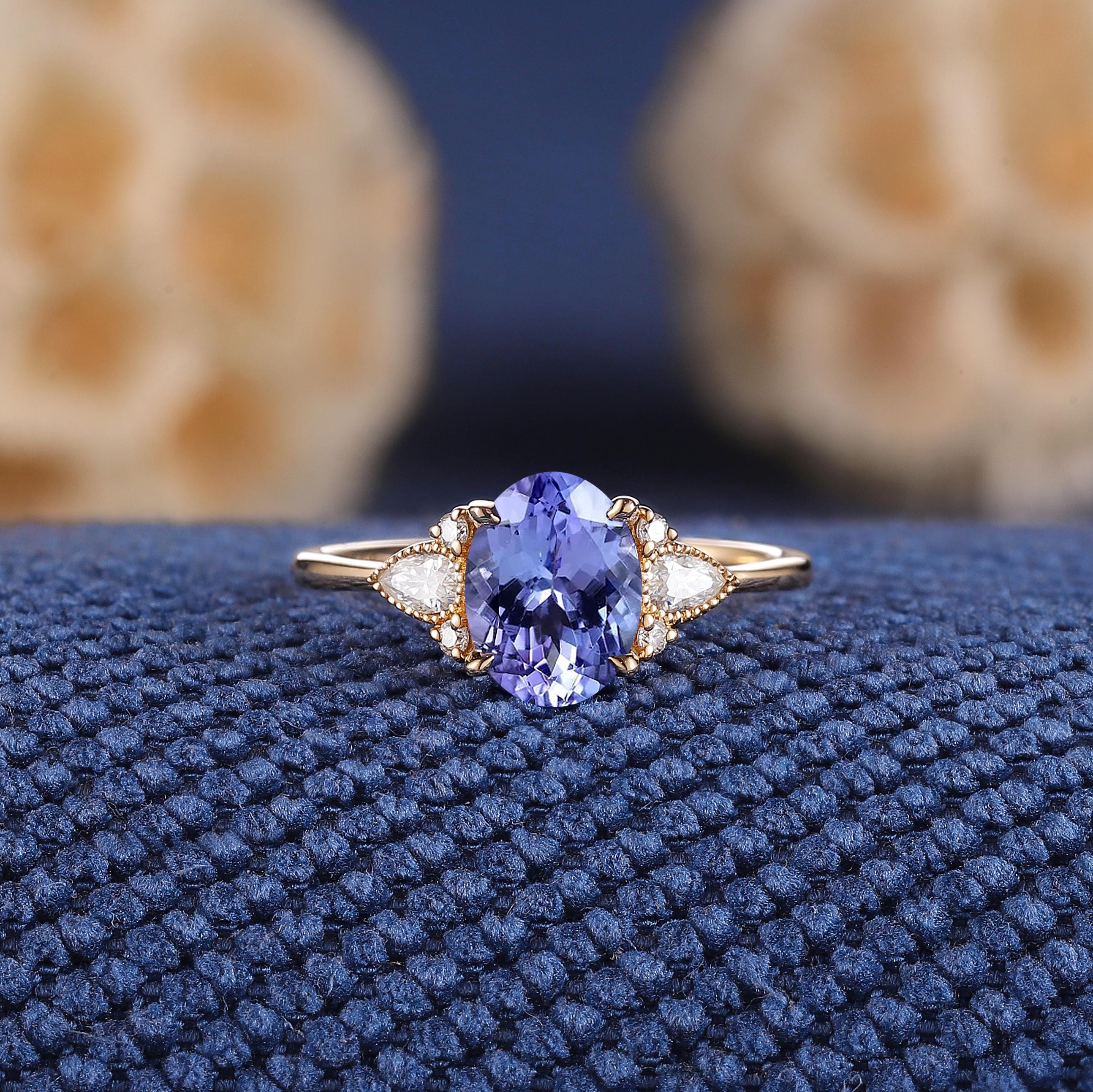Vintage Tanzanite Engagement Ring Solid Gold Diamond Wedding Rings For Women December Birthstone Tanzanite Ring Personalized Gifts For Mom