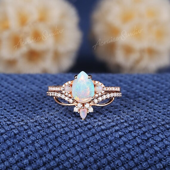 Vintage Natural Opal Engagement Ring Set Pear Cut Opal Wedding Ring Set Rose Gold Ring Opal Ring Moissanite Bridal Sets Women Promise Ring Etsy