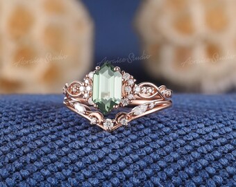 六角形グリーンサファイアエンゲージリングセット ローズゴールド