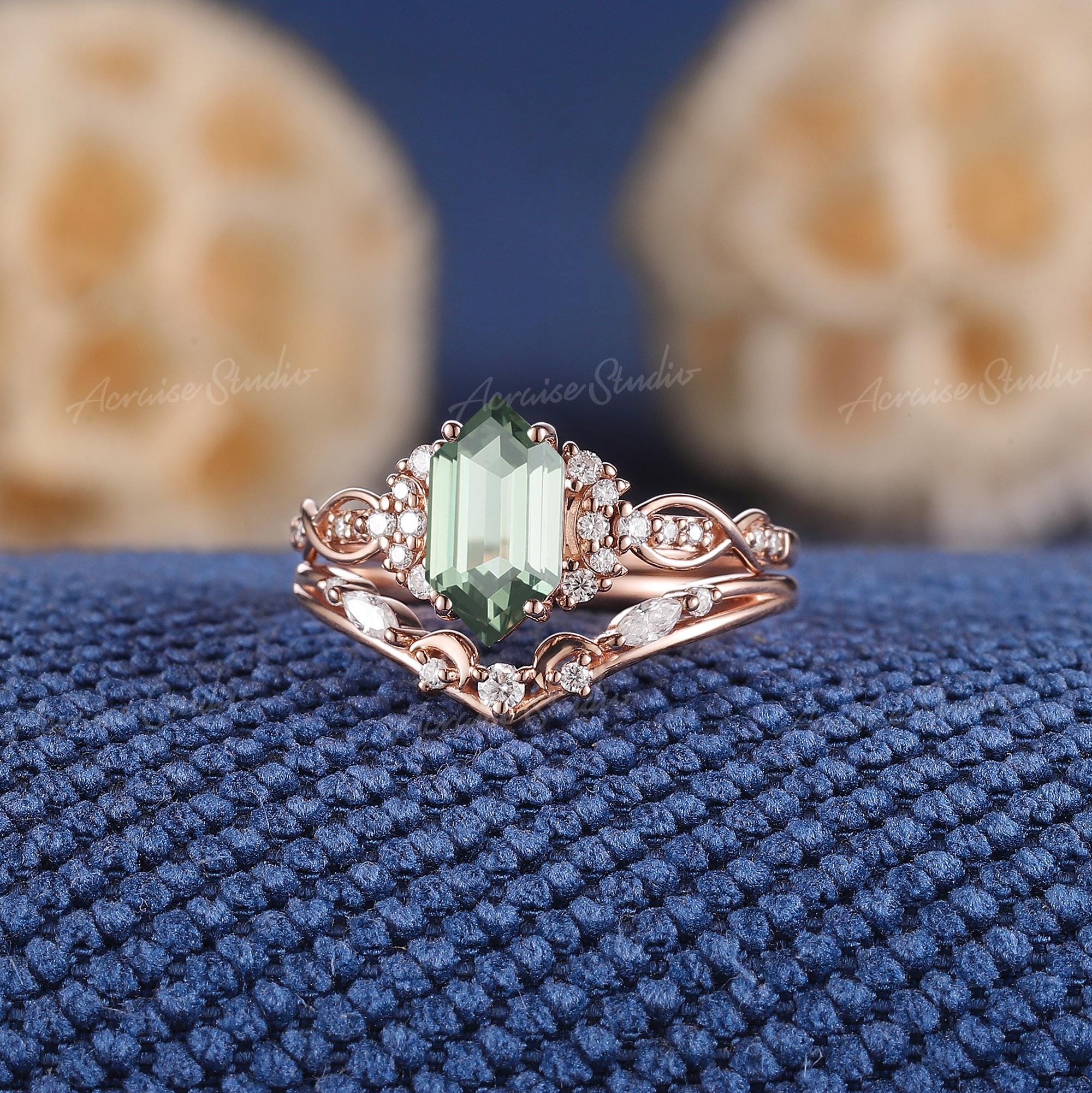 六角形グリーンサファイアエンゲージリングセット ローズゴールド