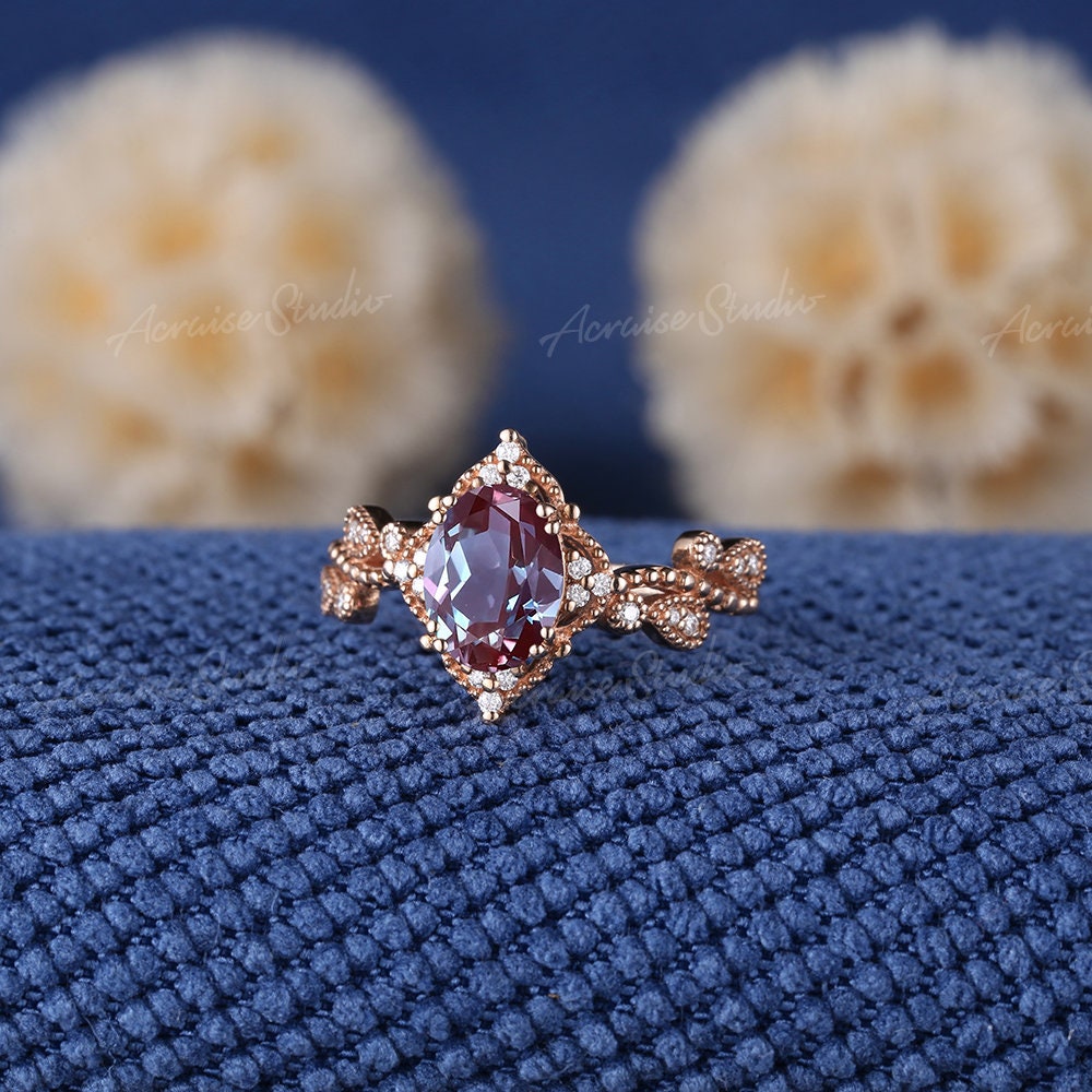 Vintage Oval Shaped Alexandrite Engagement Ring Rose Gold Carved