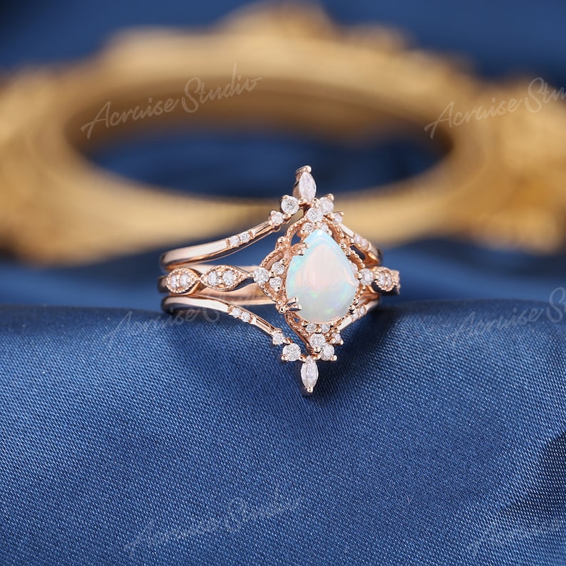 Unique Opal Engagement Ring Set 3pcs Pear Shaped Bridal Sets Nature White Opal Wedding Ring Set Women Vintage Rose gold Promise Ring for Her image 8