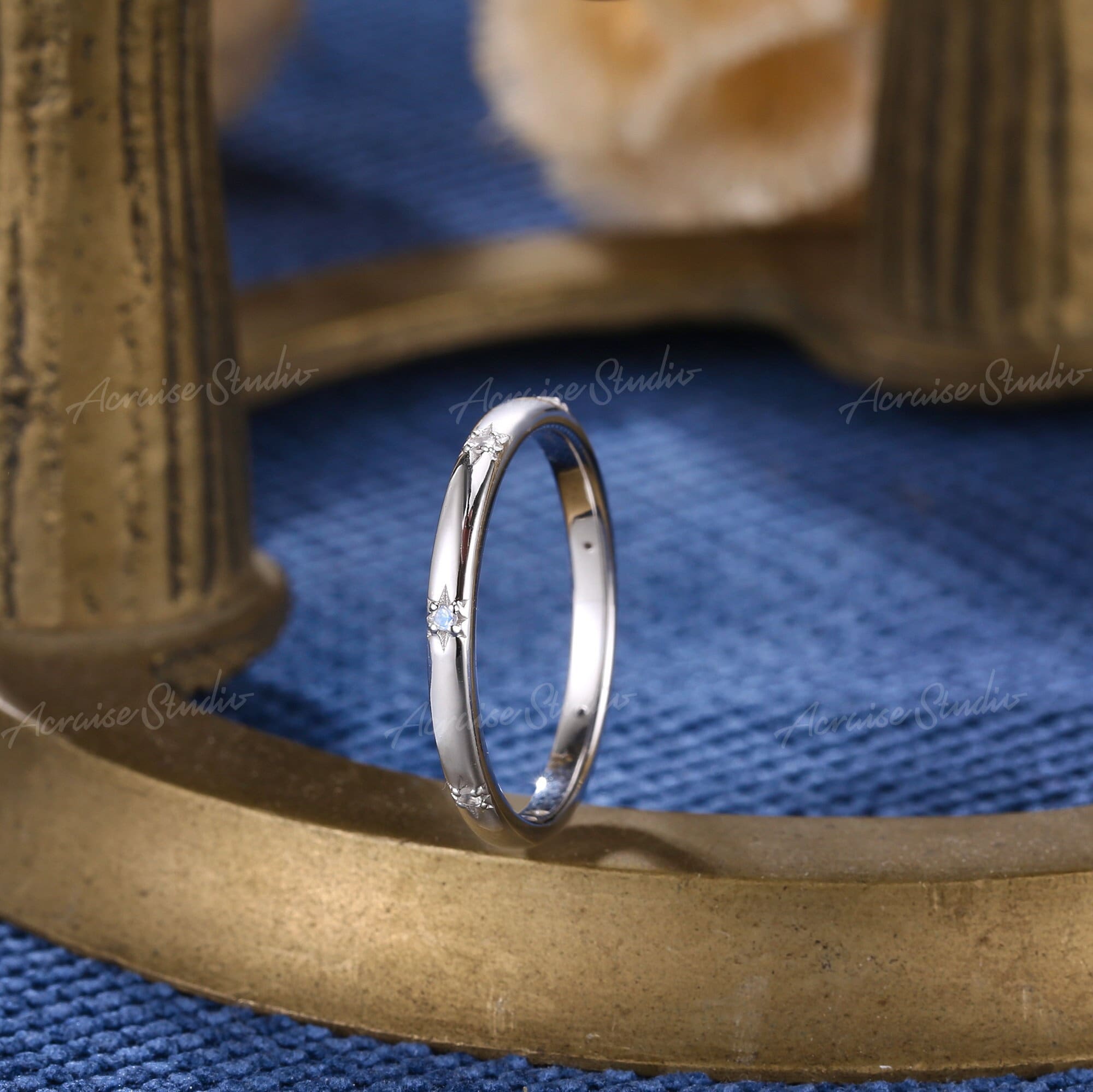 Vintage Moonstone Wedding Band For Mens White Gold Inspired Sunshine Wedding Band Rainbow Stacking Matching Rings Anniversary Gift For Men