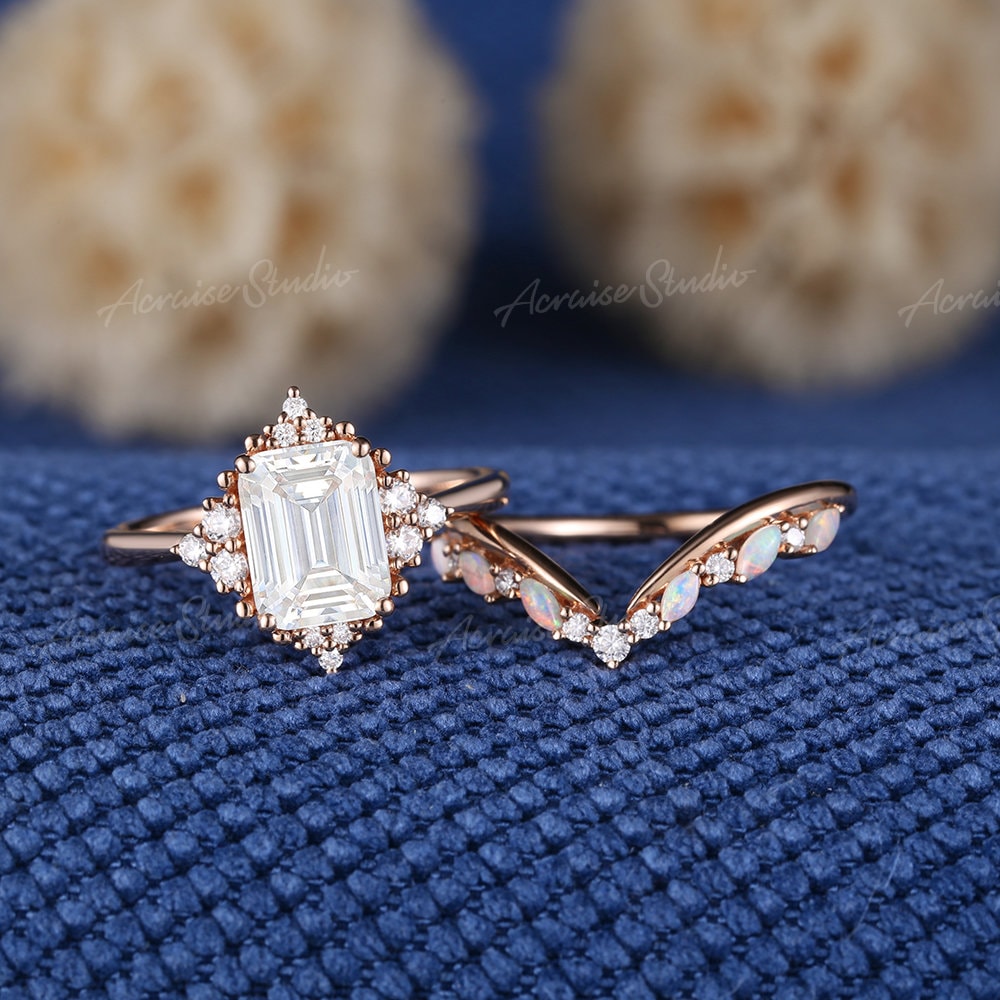 Unique Emerald Cut Moissanite Engagement Ring Set Women