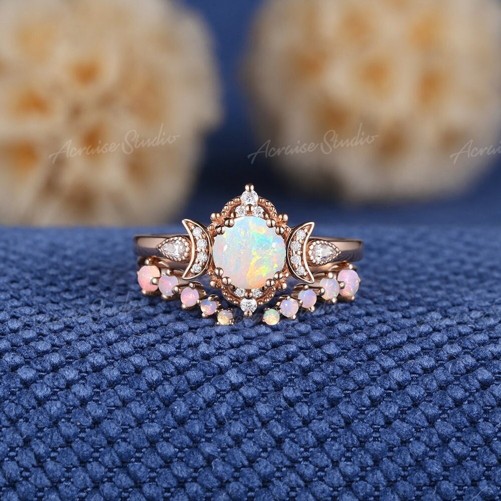 Vintage Natural Opal Engagement Ring Set Rose Gold Sailor Moon Star Inspired Wedding Ring Unique opal Curved Wedding Band Rings For Women