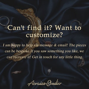 May include: A gold-framed mirror with the text "Can't find it? Want to customize?" I am happy to help via message & email! The pieces can be bespoke. If you saw something you like, we can recreate it! Get in touch for any little thing. Acruise Studio.