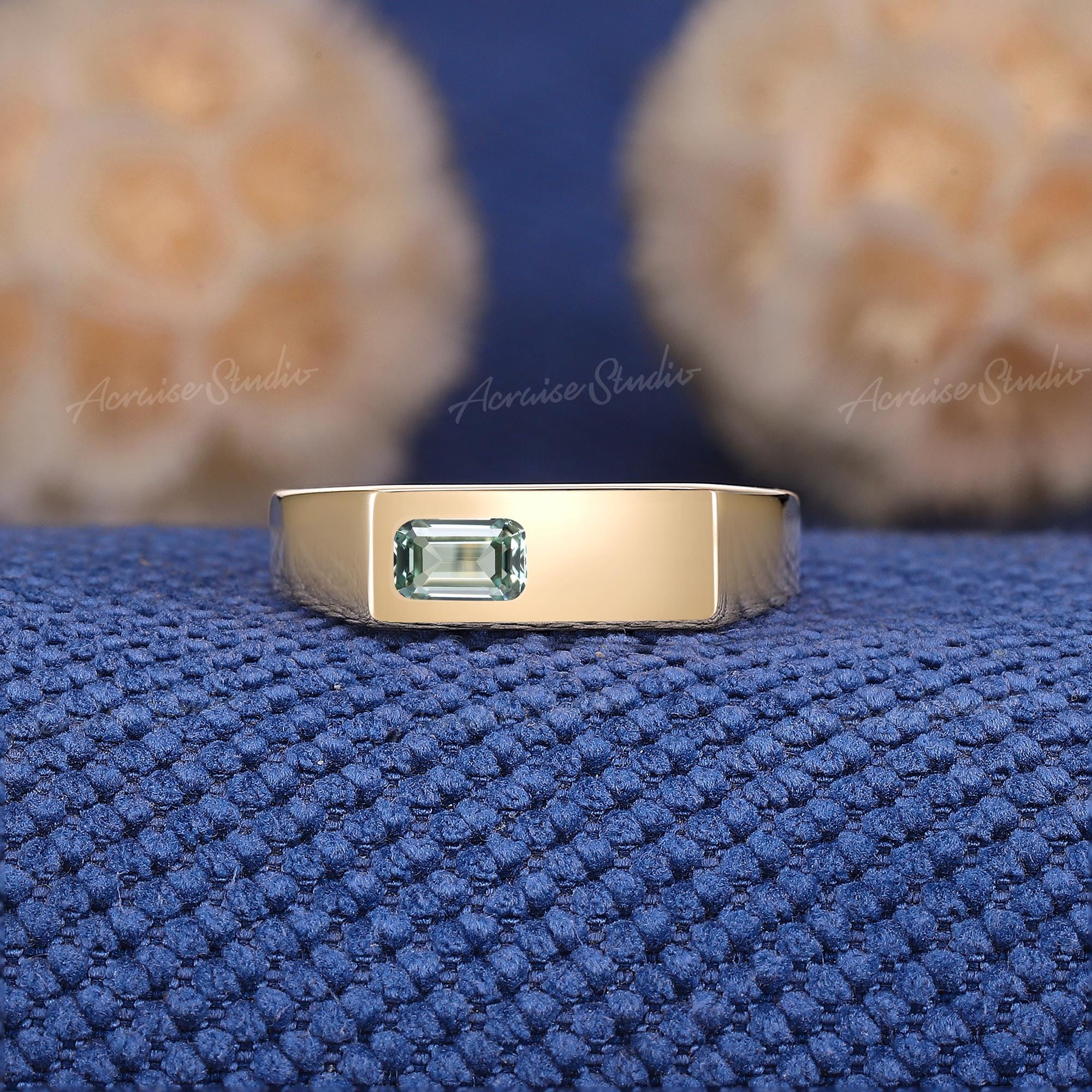 Emerald Cut Green Sapphire Signet Ring for Men, 14K Gold Bezel Set