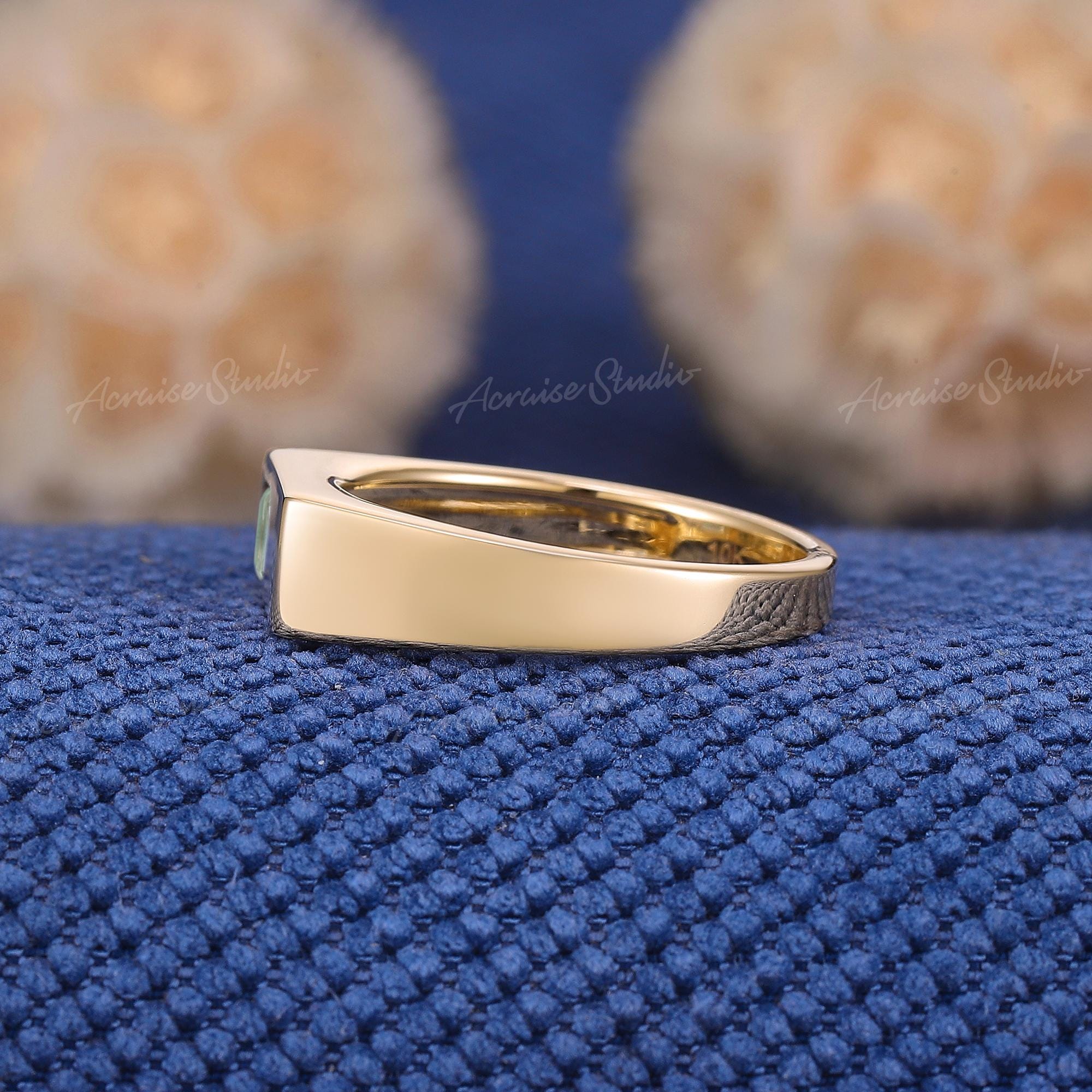 Emerald Cut Green Sapphire Signet Ring for Men, 14K Gold Bezel Set