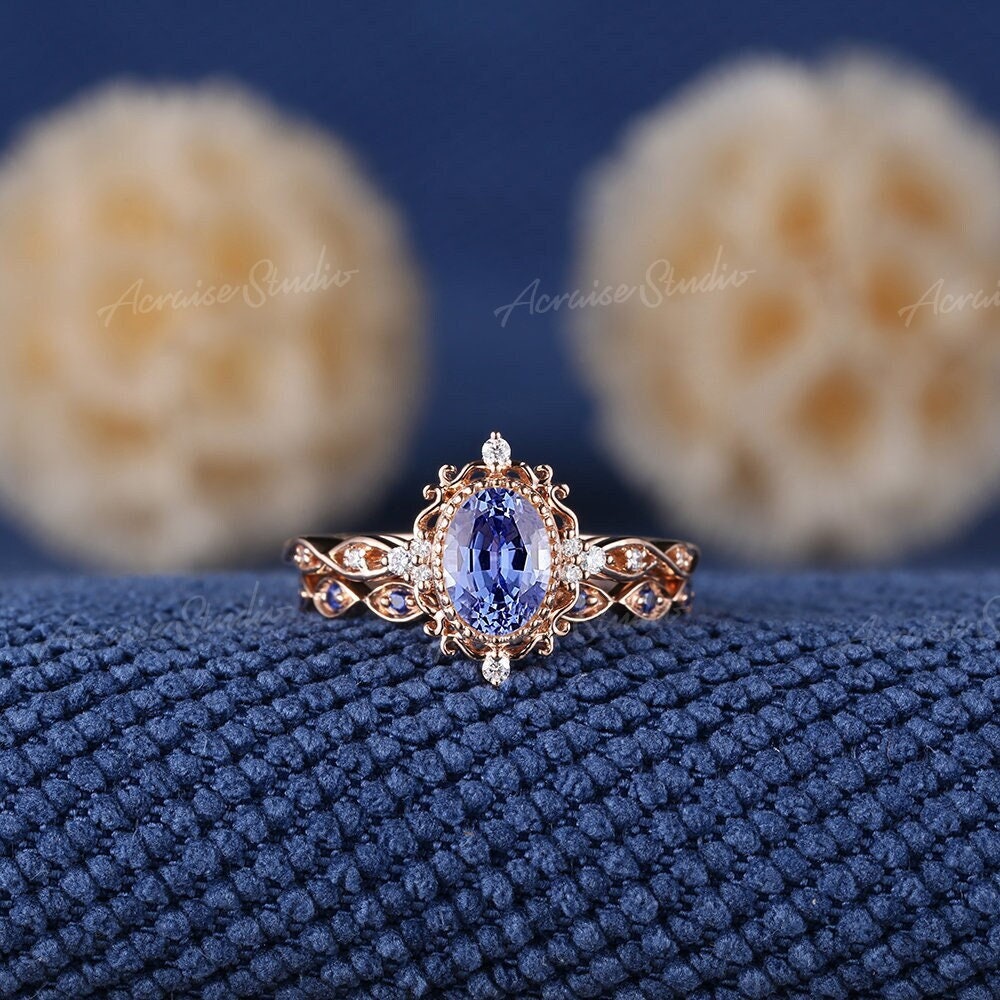 Vintage Cornflower Sapphire Engagement Ring Set Filigree Rings For Women Solid Gold Diamond Wedding Ring Set September Birthstone Jewelry