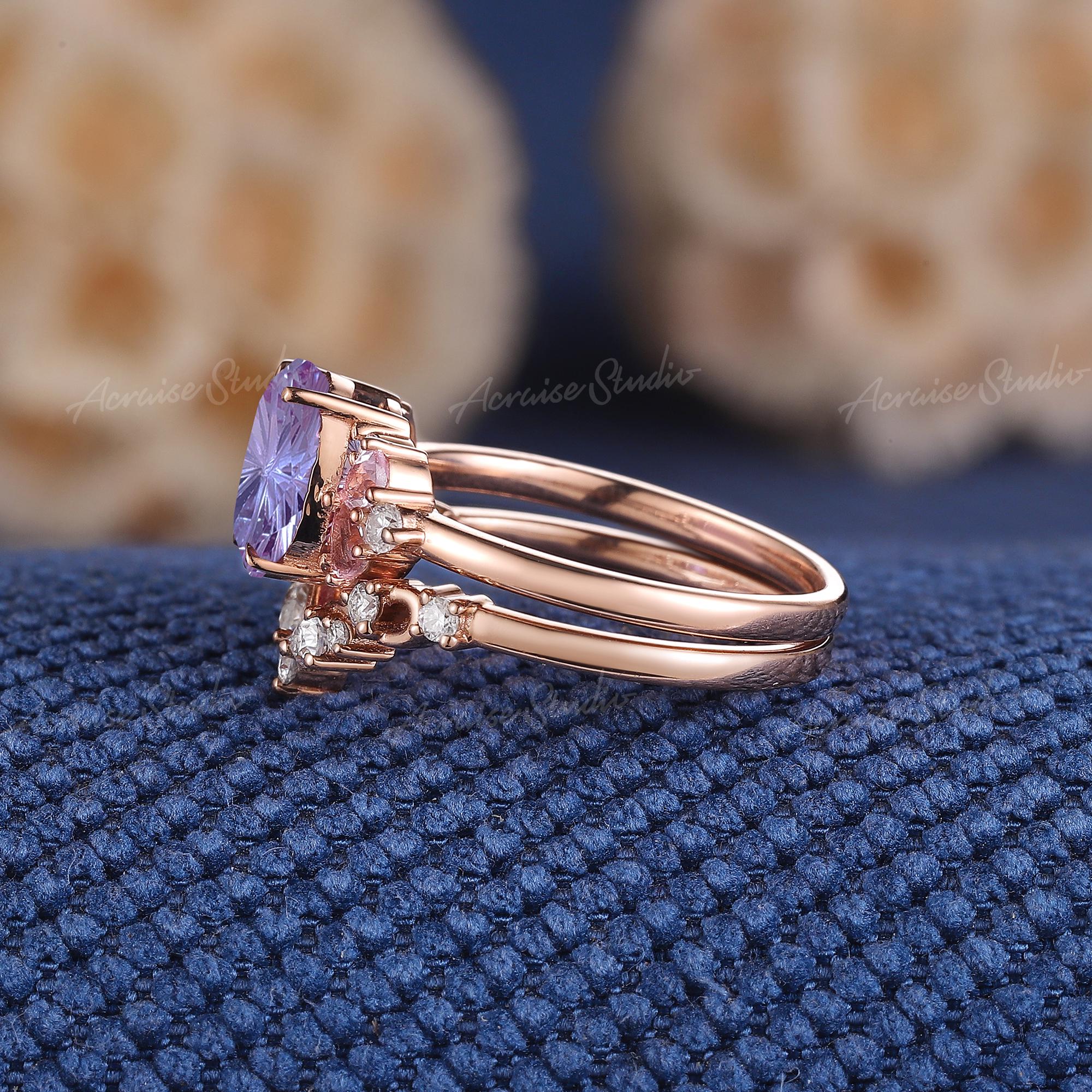 Fireworks Alexandrite Engagement Ring Set Pink Sapphire Cluster