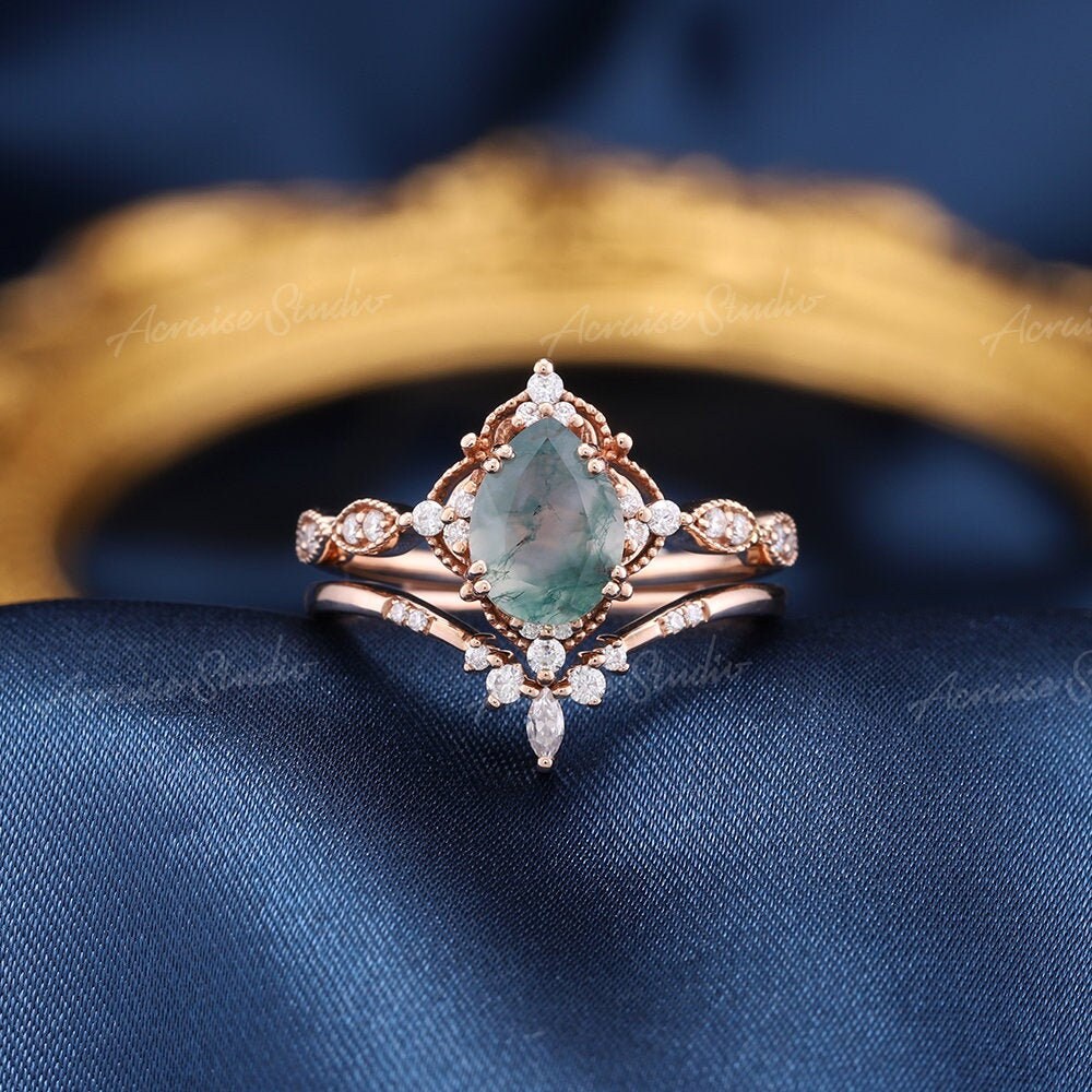 Moss Agate engagement ring set Pear moss agate ring vintage | Etsy