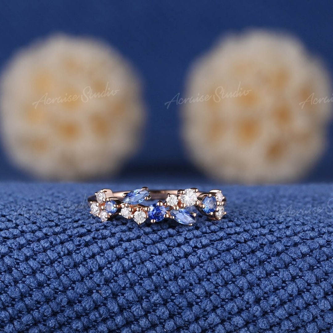 Vintage Sapphire Leaf Floral Wedding Band Rose Gold Cornflower Sapphire