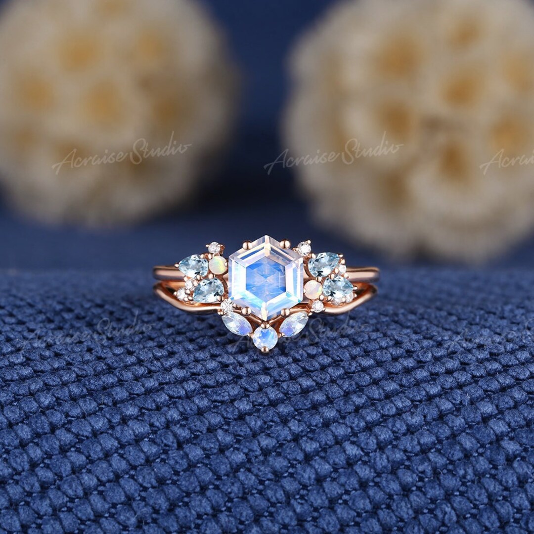 Vintage Hexagon Moonstone Wedding Ring Set Art Deco Aquamarine ...