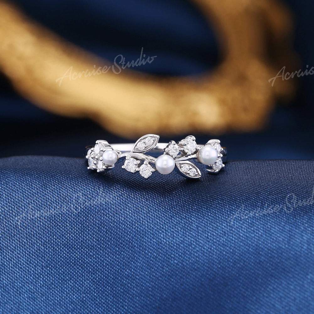 Unique Pearl Rings Unique Pearl Engagement Ring With Diamonds White Gold Dainty Leaf Ring ...