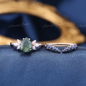 Conjunto único de anillos de compromiso de ágata de musgo natural Anillo de boda de ágata verde pera de oro rosa Anillo de bodas curvo de zafiro Anillos personalizados para mujeres imagen 4