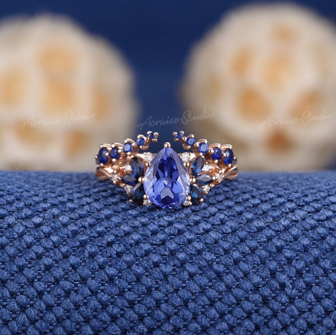 Vintage Cornflower Sapphire Engagement Ring Set Blue Gemstone Wedding Ring Sapphire Open Wedding