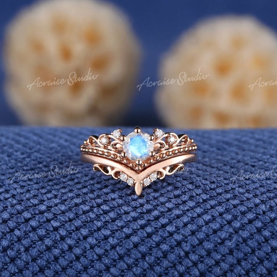 Natural Moonstone Engagement Ring Crown Moonstone Ring Set Rose Gold Art  Deco Moissanite Curved Stacking Band Anniversary Gift Bridal Sets