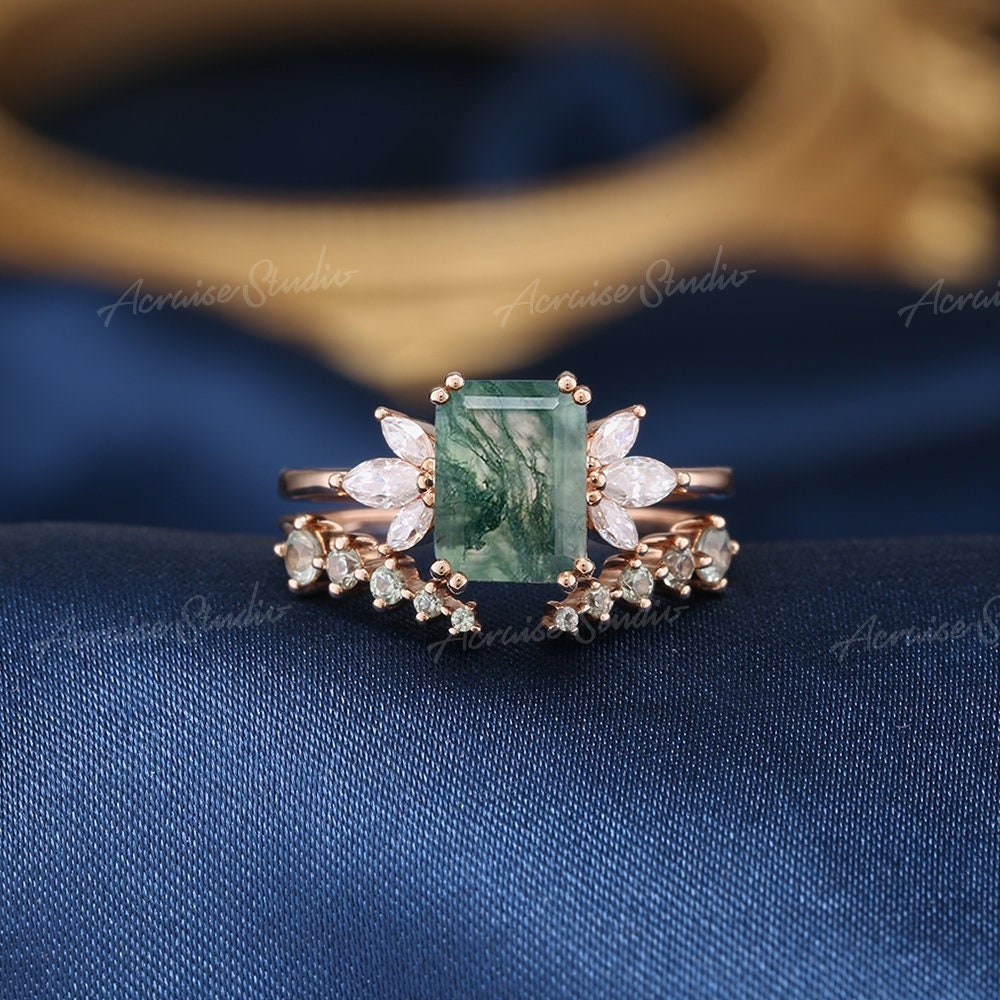 Emerald Cut Moss Agate Engagement Ring Set Rose Gold Moissanite Cluster Wedding Ring Set Green Moss Agate Jewelry Anniversary Gift For Her