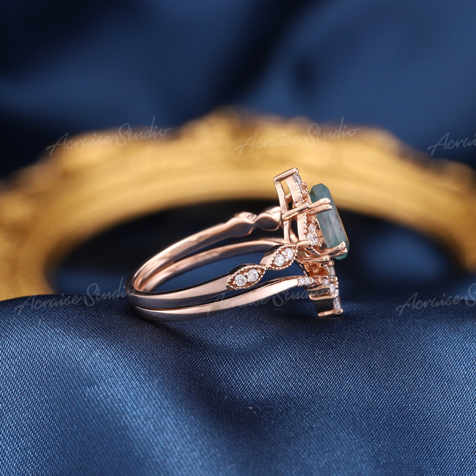 Moss Agate engagement ring set Pear moss agate ring vintage | Etsy