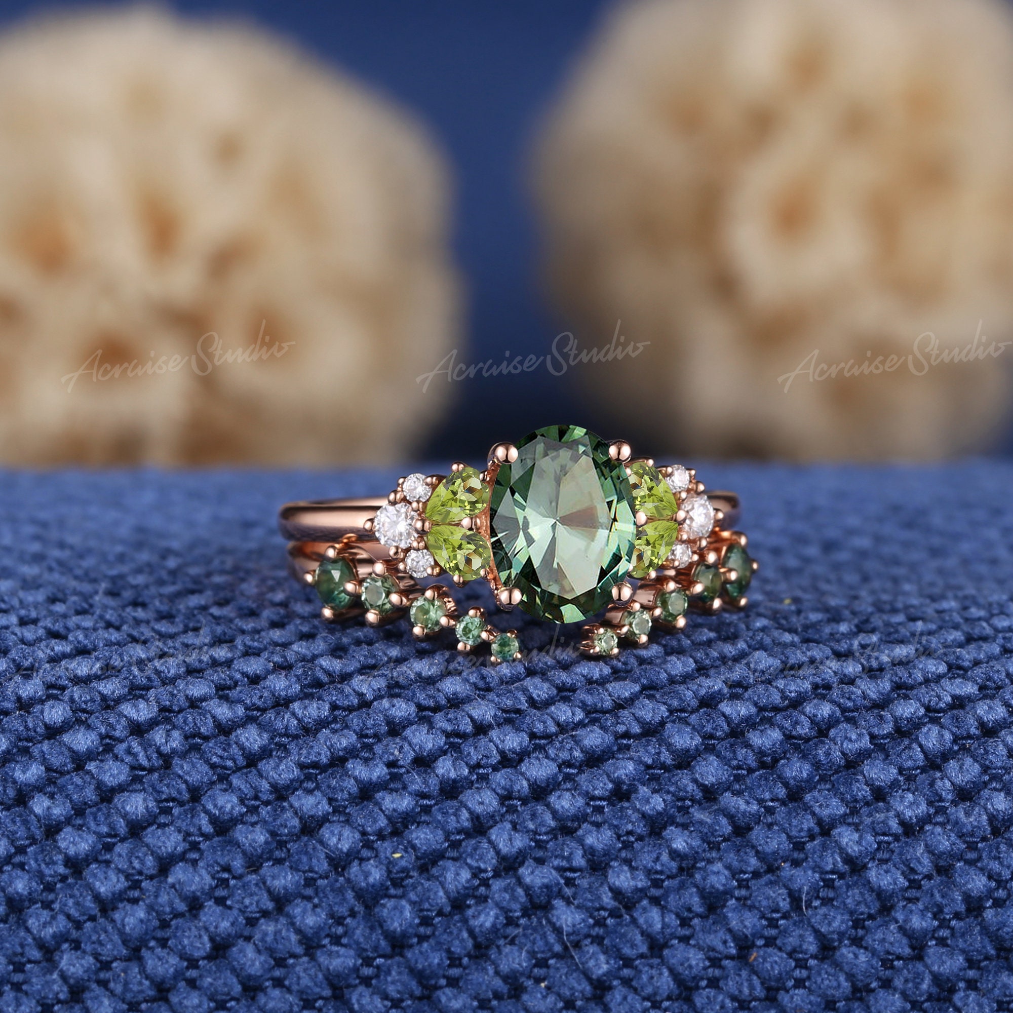 Vintage Green Sapphire Engagement Ring Set Rose Gold Peridot