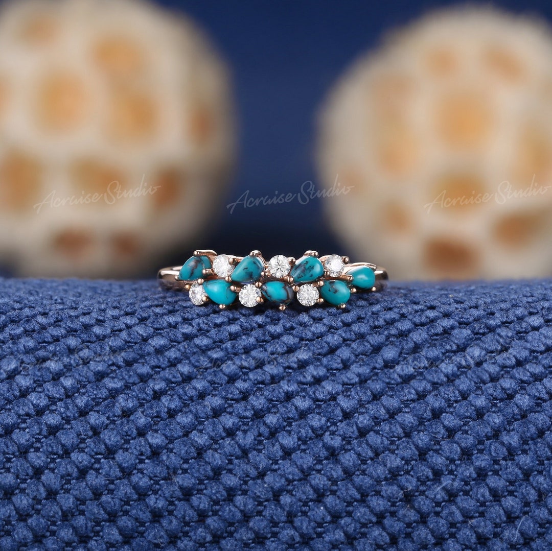 Antique Pear Turquoise Engagement Ring Round Moissanite Cluster Wedding ...