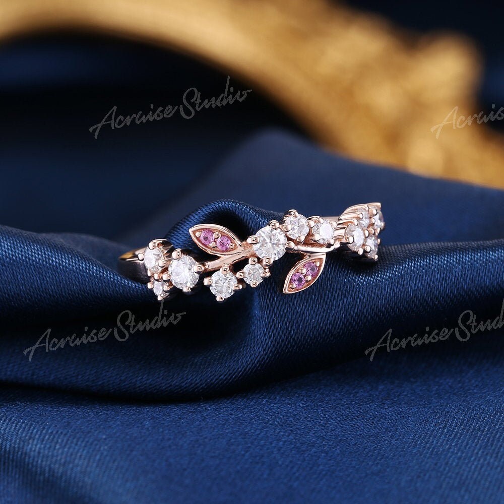 Dainty Leaf Ring Moissanite Engagement Ring for Woman Rose gold Floral wedding Ring Pink sapphire Unique Promise ring Leaf Vine Ring