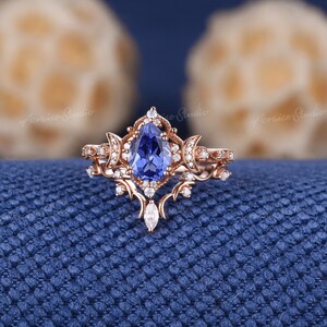 Vintage Pear Cut Sapphire Engagement Ring Set Rose Gold Dainty Moissanite Moon Design Curved Wedding Band Anniversary Rings For Women image 6