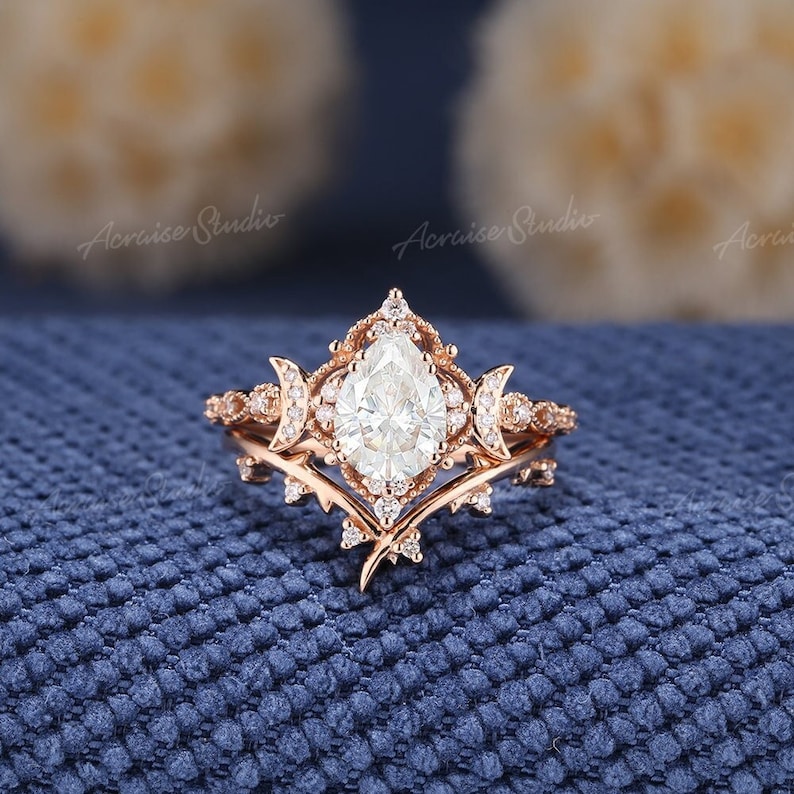 Vintage Moon Design Moissanite Engagement Ring Set Rose Gold Wedding Ring Diamond Curved Wedding Band Promise Rings Anniversary Gift For Her image 1