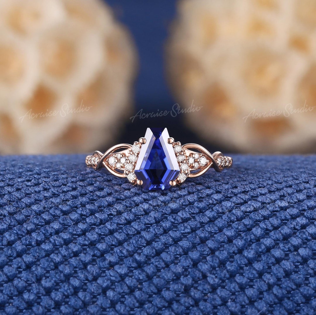 Unique Coffin Cut Royal Blue Twist Engagement Ring Rose Gold