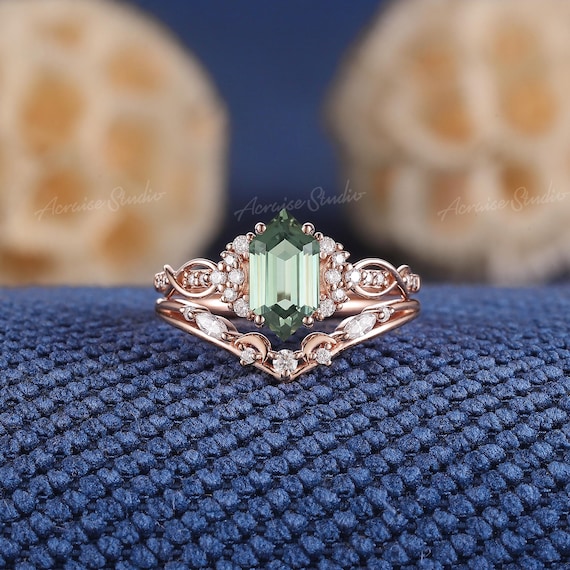 六角形グリーンサファイアエンゲージリングセット ローズゴールド