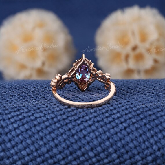 Vintage Oval Shaped Alexandrite Engagement Ring Rose Gold Carved