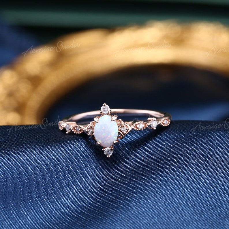 Vintage Opal Engagement Ring Rose Gold Oval Cut Opal Wedding Ring Art Deco Cluster MoissaniteDiamond Milgrain Promise Ring Anniversary Gift