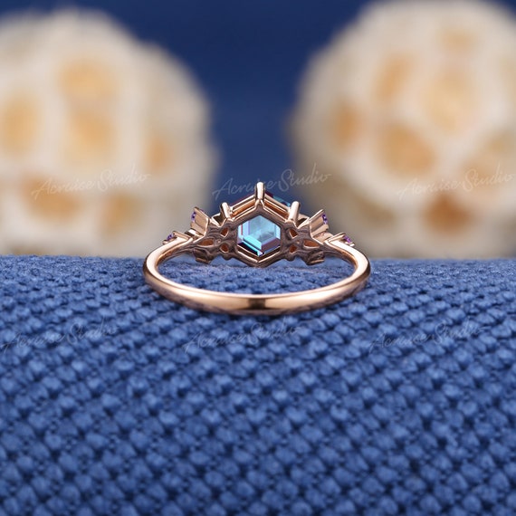 Vintage Hexagon Cut Alexandrite Engagement Ring Rose Gold Amethyst