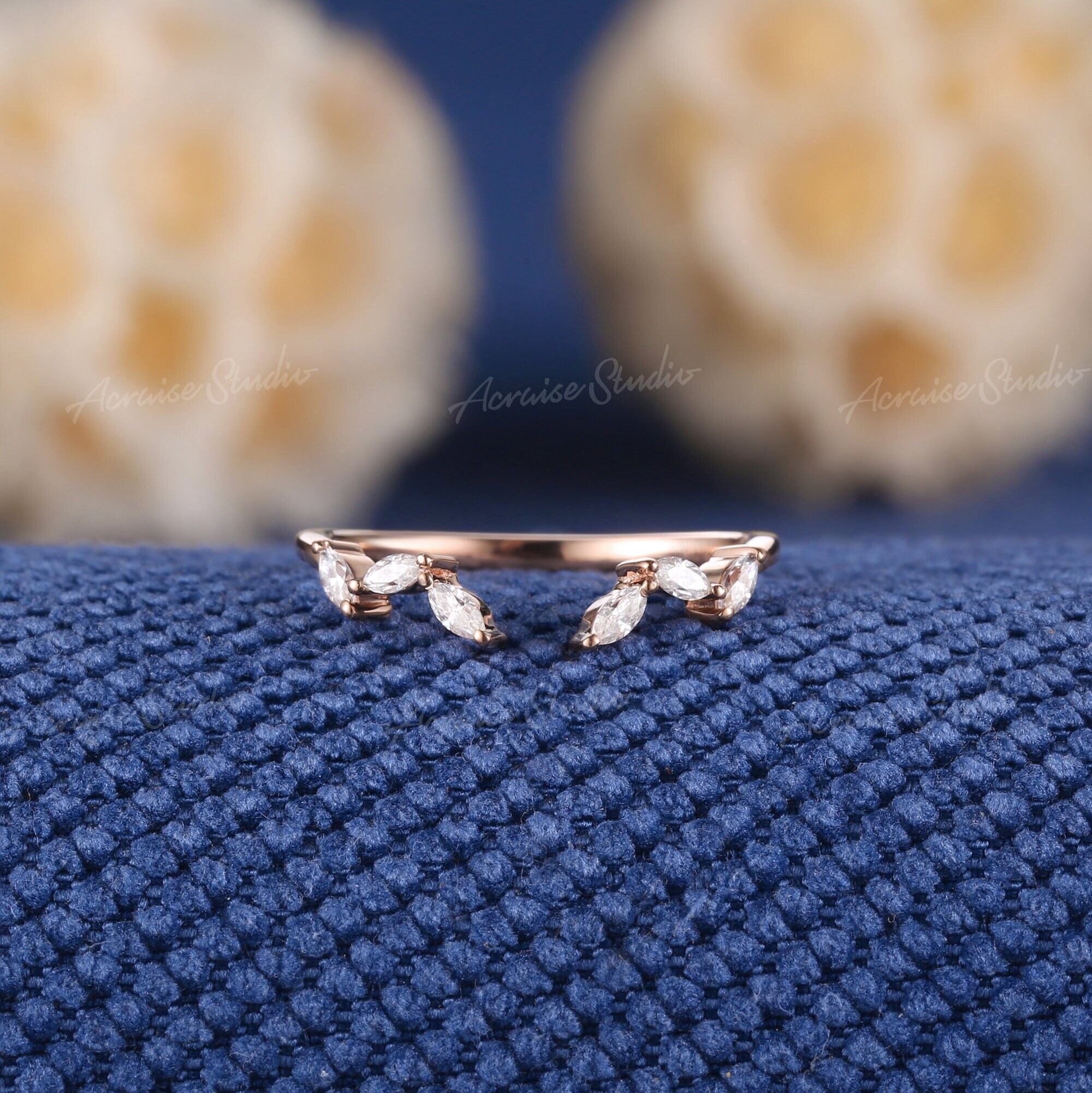 Art Deco Marquise Cut Moissanite Wedding Band 14k Rose Gold Vintage ...