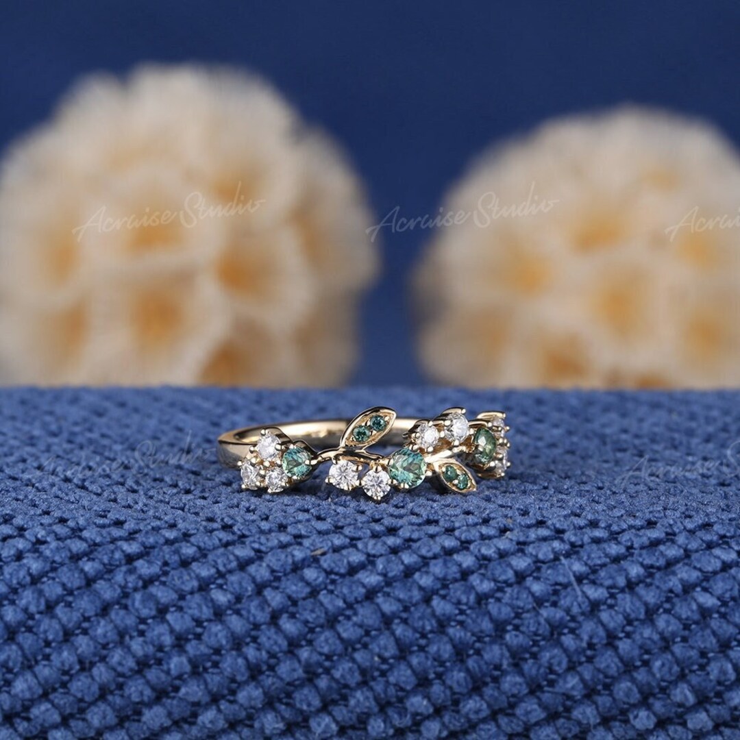 Unique Green Sapphire Engagement Ring Women Sapphire Ring Floral Engagement Ring Wedding Ring