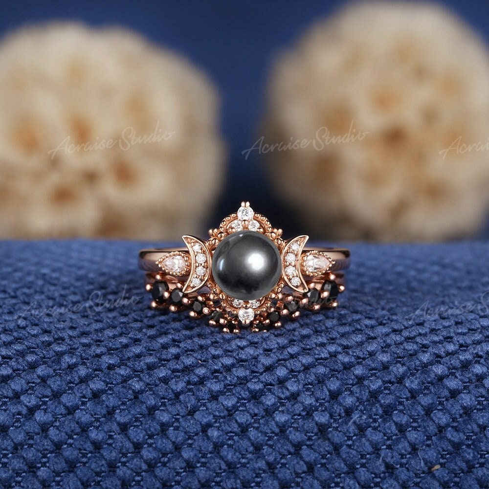 Vintage Black Pearl Engagement Ring Set Tahitian Pearl Ring Rose