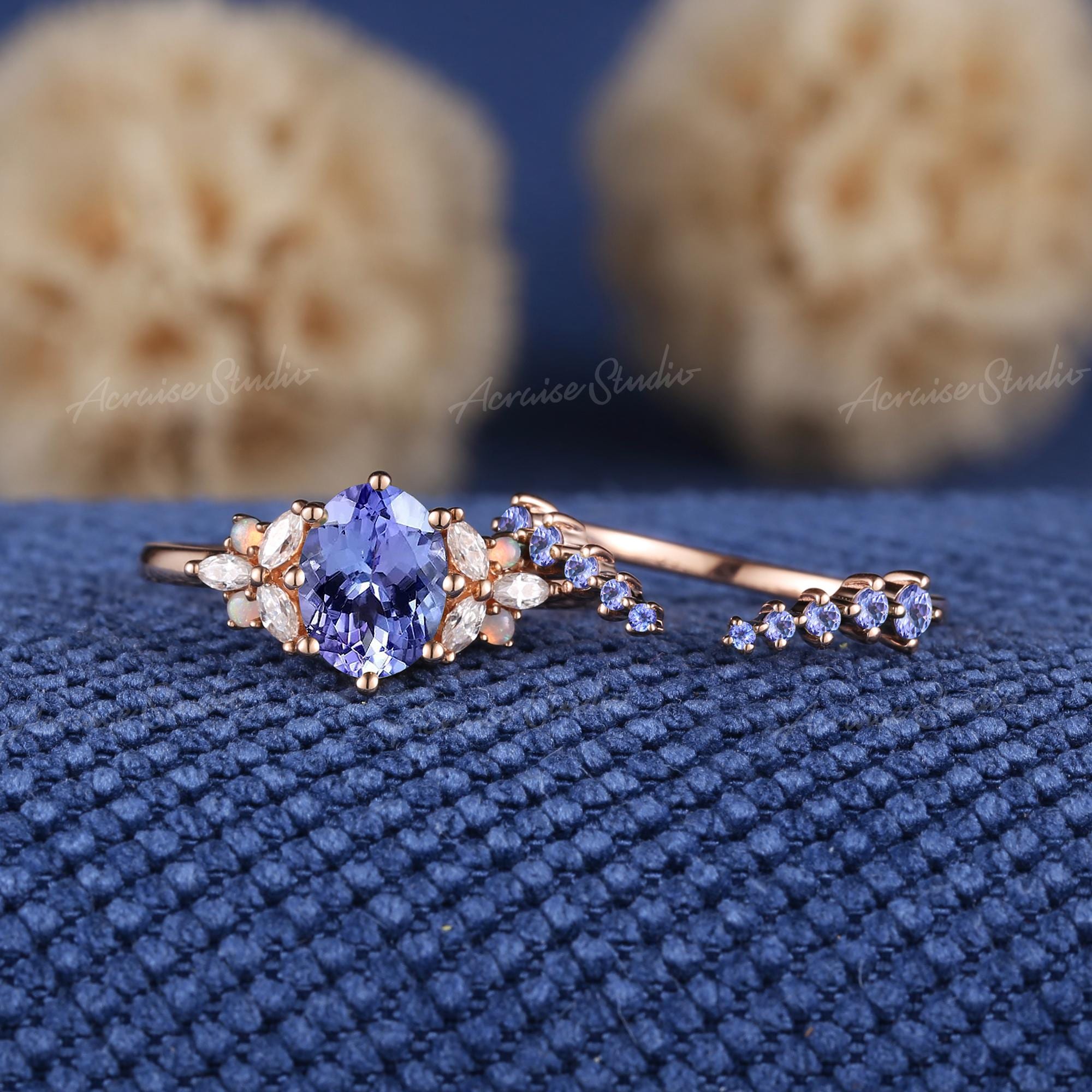 Vintage Tanzanite Engagement Ring Set Opal Diamond Cluster Ring Rose ...