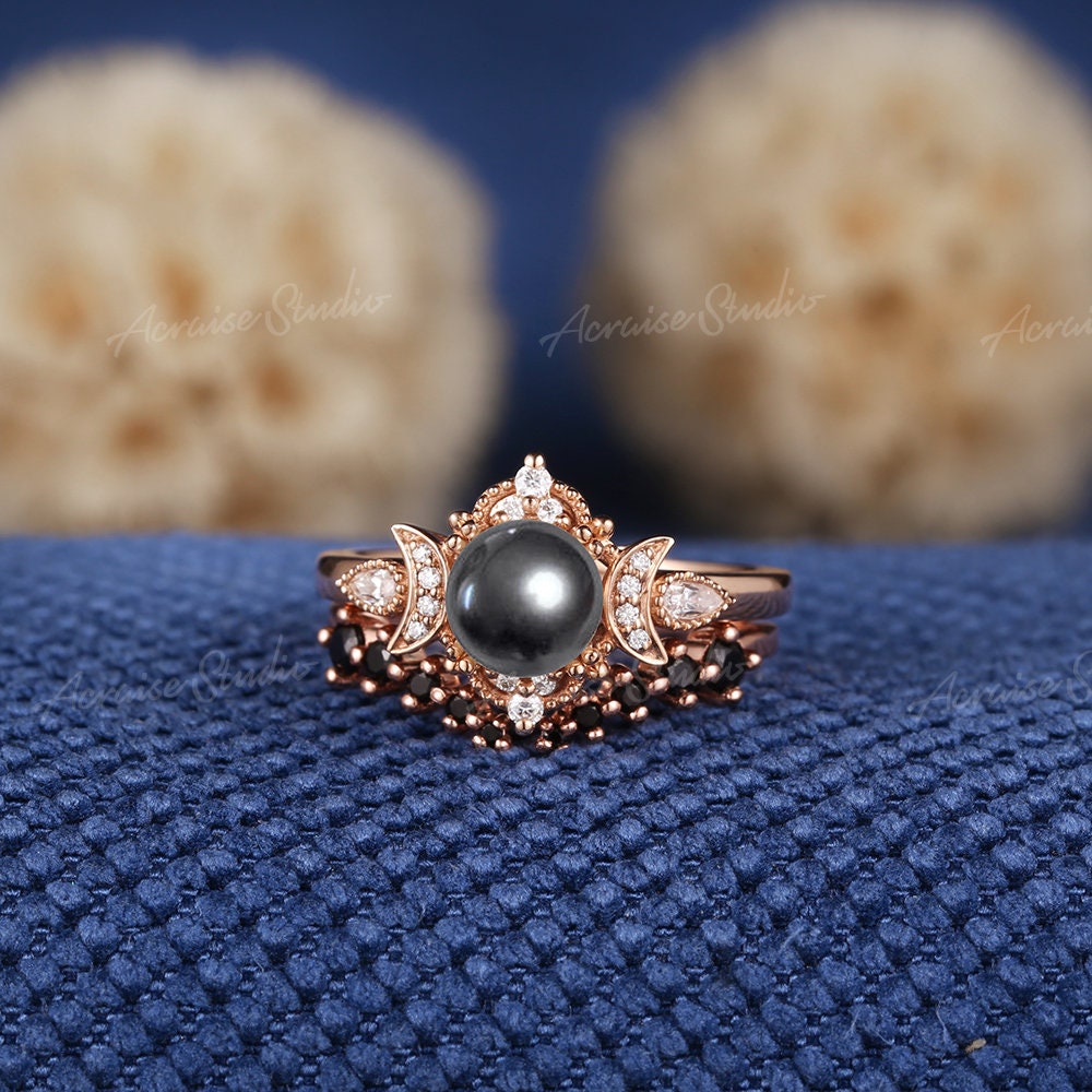 Vintage Black Pearl Engagement Ring Set Tahitian Pearl Ring Rose