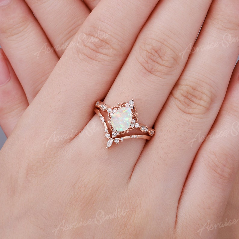 Vintage White Opal Engagement Ring Set Rose Gold Natural Pal Etsy