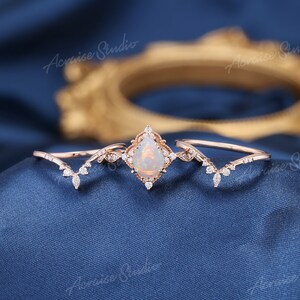 Unique Opal Engagement Ring Set 3pcs Pear Shaped Bridal Sets Nature White Opal Wedding Ring Set Women Vintage Rose gold Promise Ring for Her image 3