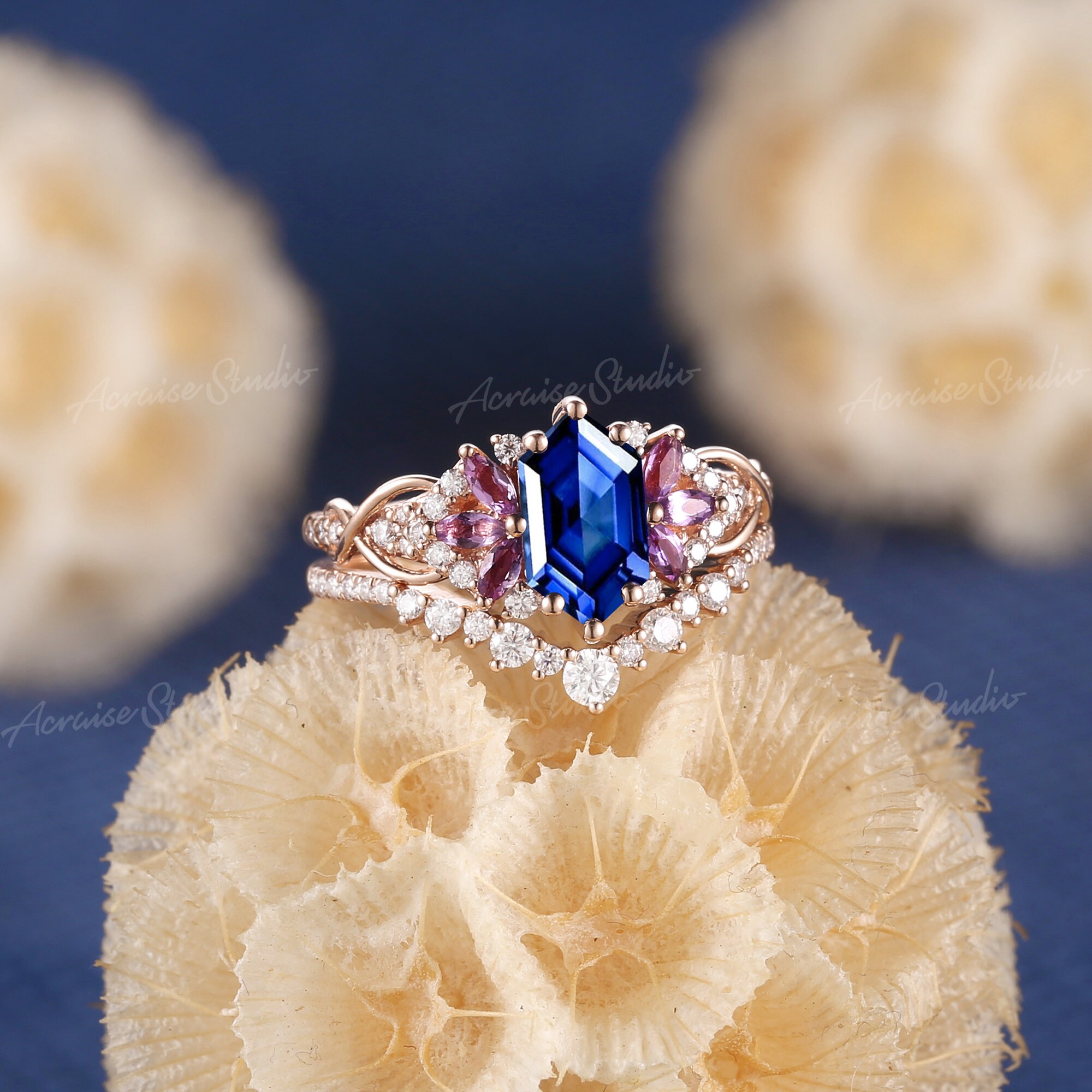 ヴィンテージ ロイヤルブルー サファイア 結婚指輪 セット ローズ