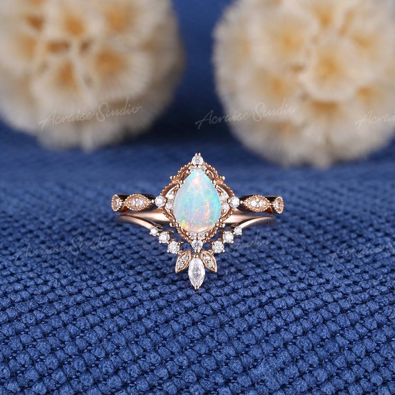 Unique Opal Engagement ring set Rose gold Opal Promise ring bridal set  Diamond Milgrain ring 2pcs White opal Wedding Rings Birthstone gift
