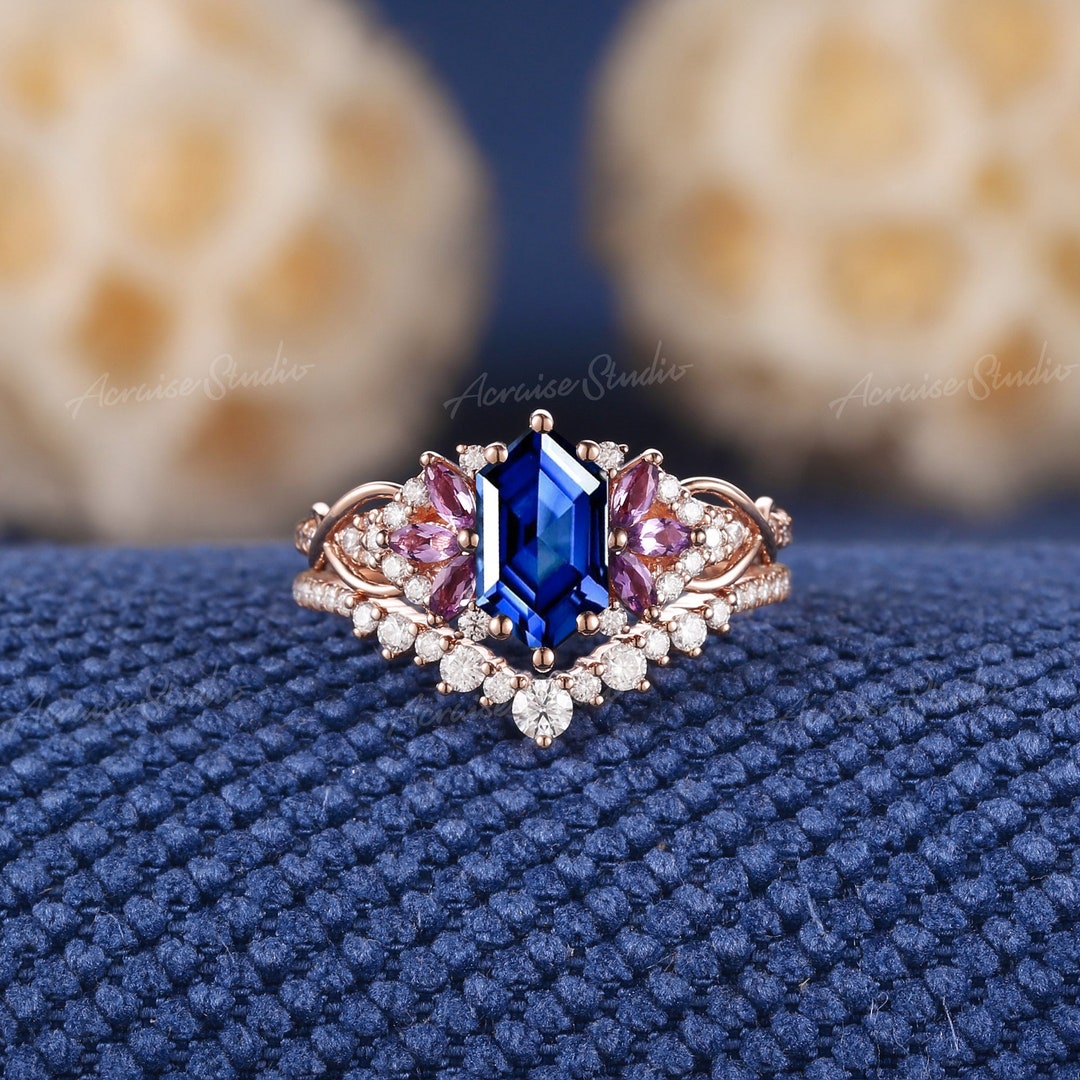 ヴィンテージ ロイヤルブルー サファイア 結婚指輪 セット ローズ