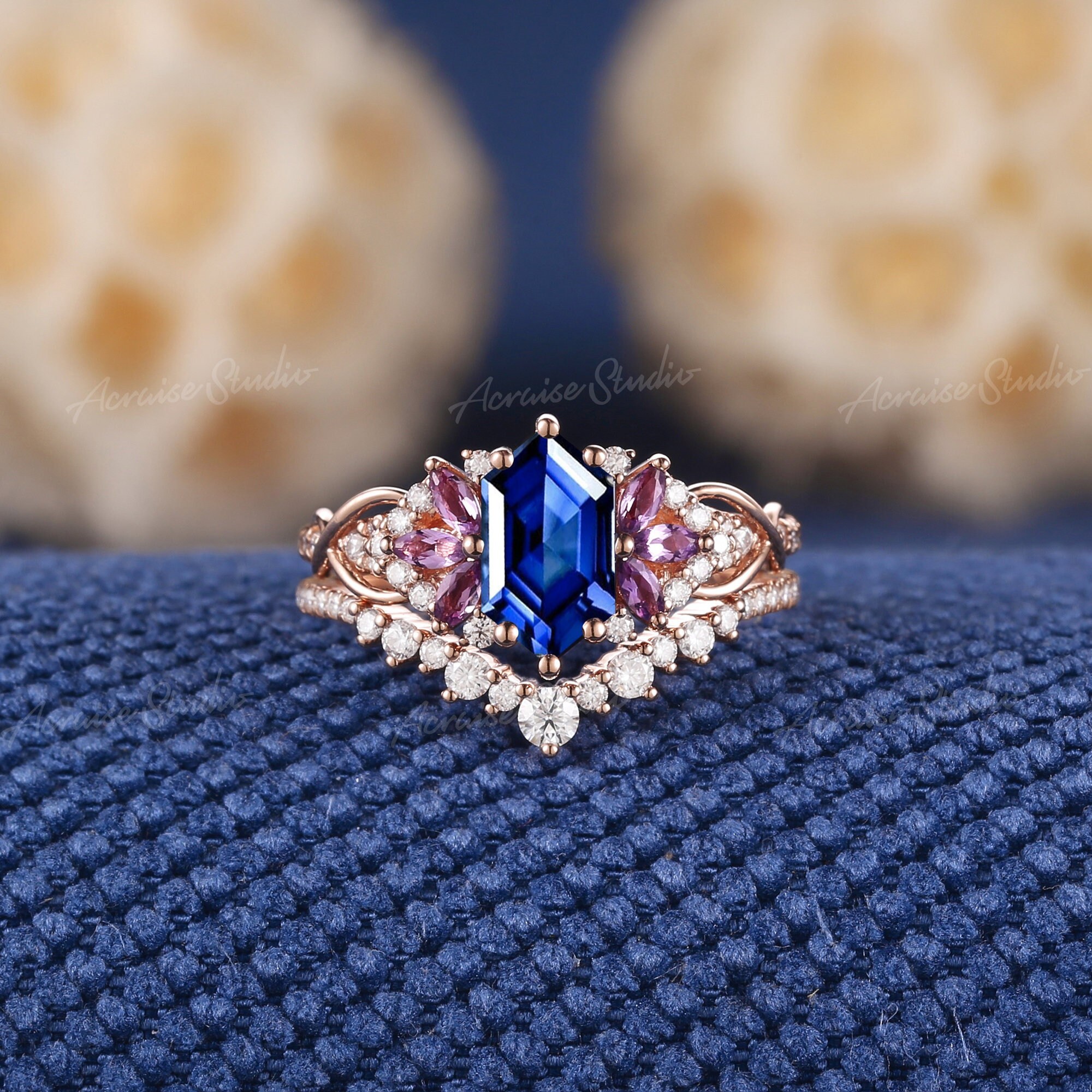 ヴィンテージ ロイヤルブルー サファイア 結婚指輪 セット ローズ