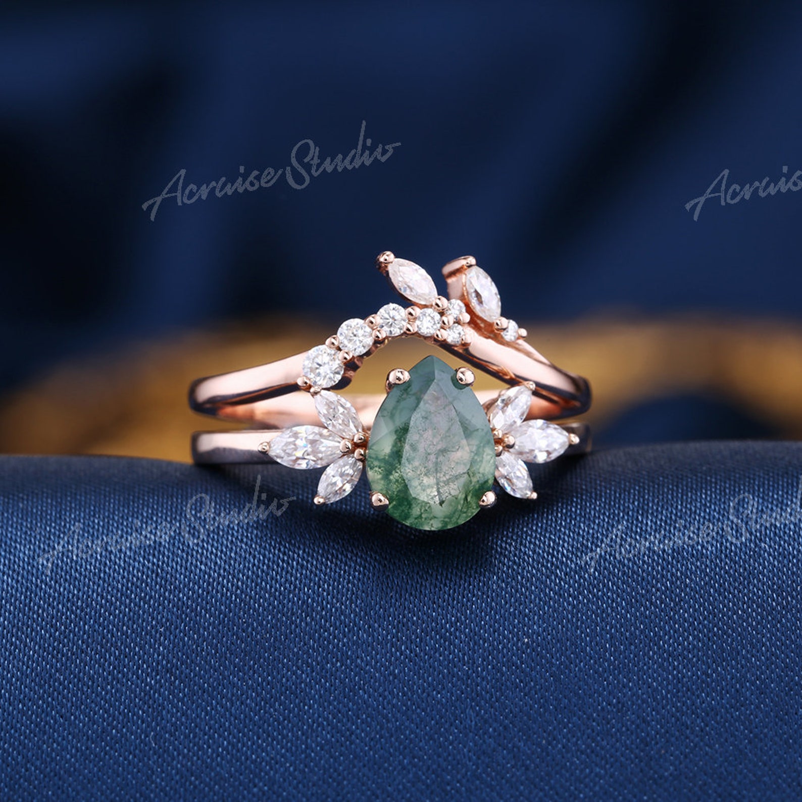 Moss Agate Engagement Ring Set Pear Shaped Moss Agate Ring Etsy Moss Agate Engagement Ring Set Pear Shaped Moss Agate Ring Etsy