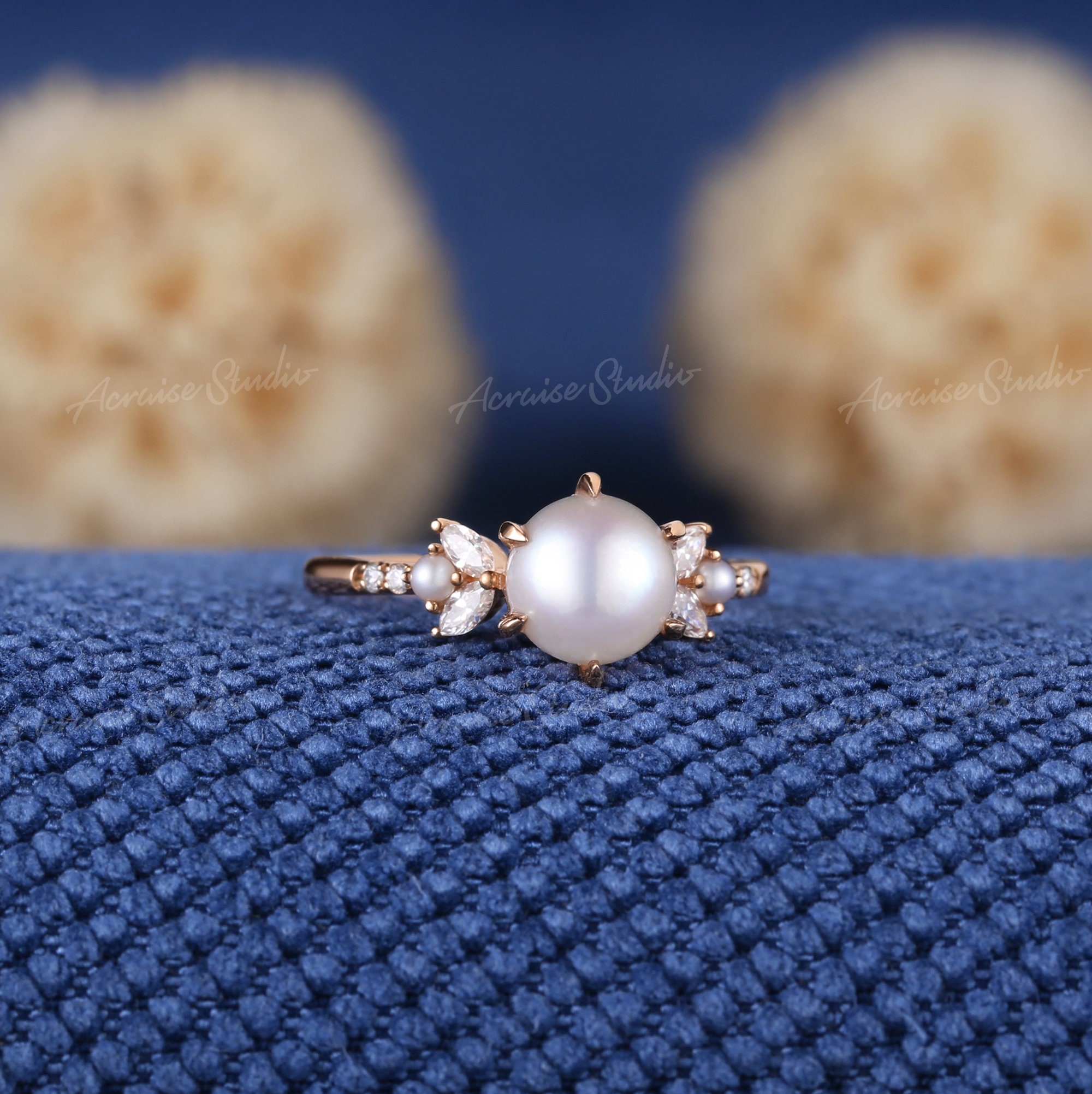 Vintage Akoya Pearl Engagement Ring Unique Rose Gold Diamond